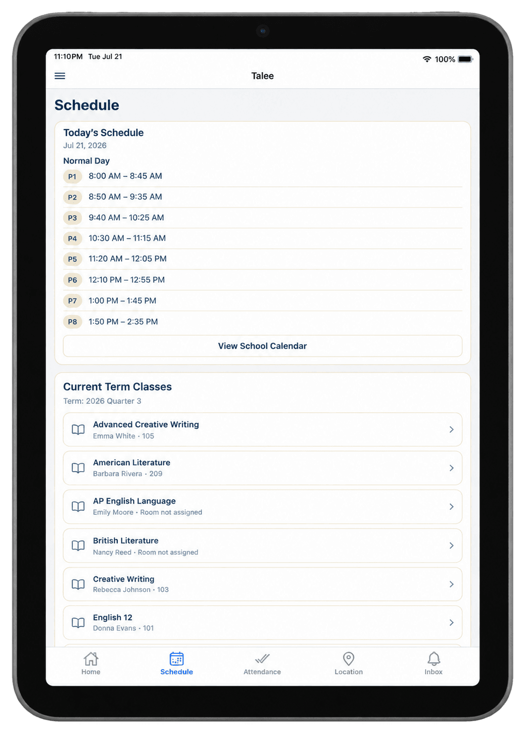 The Talee app showing today's schedule with period bell times and the student's classes for the current term.